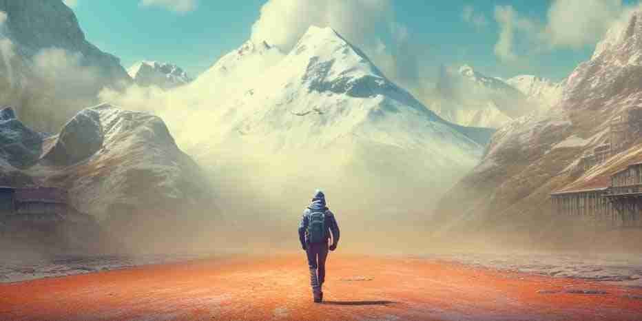 the 4 types of extrinsic motivation showing a man walking to large mountain